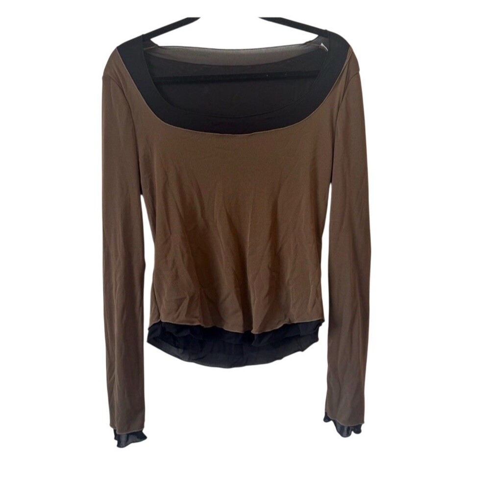 Free People Brown and Black Long Sleeve Layered Scoop Neck Top